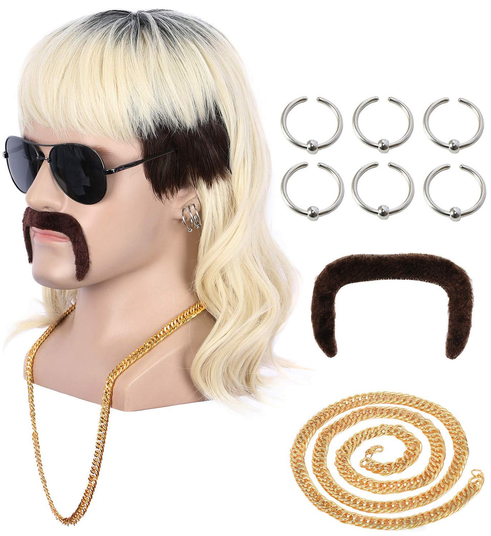 Yuehong long black roots blonde mullet wig for retro concert looks
