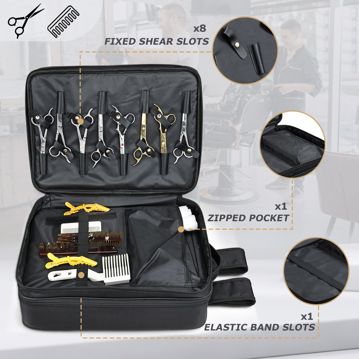 Yueieoun barber bag shows 8 shear slots for organized tool storage