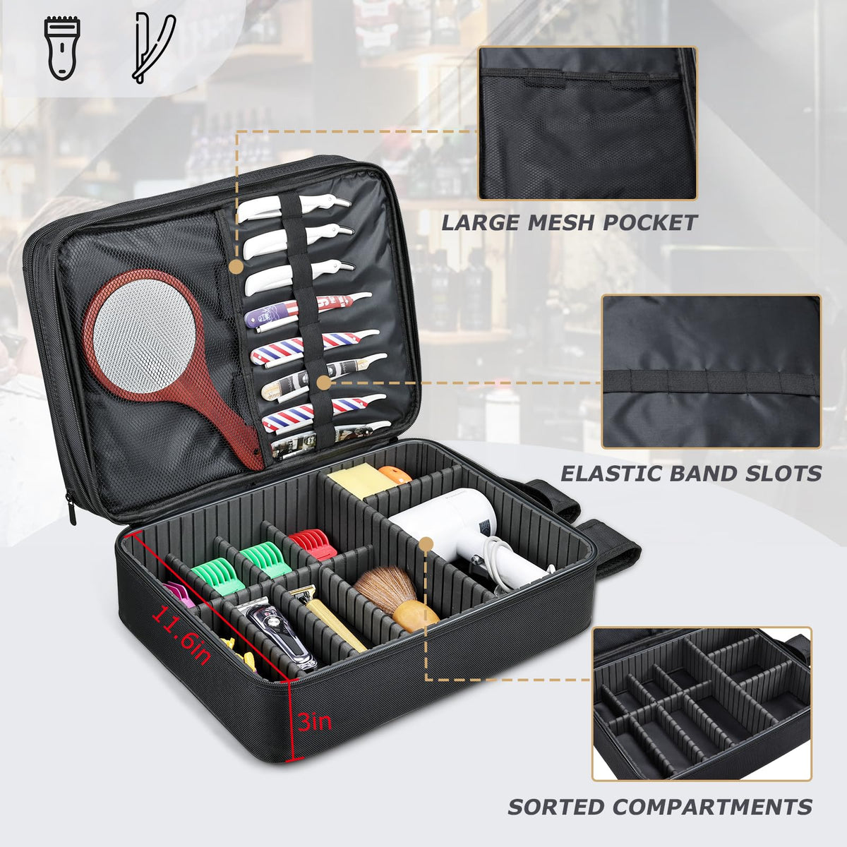 Yueieoun barber bag front and side pockets for quick cape and charger access