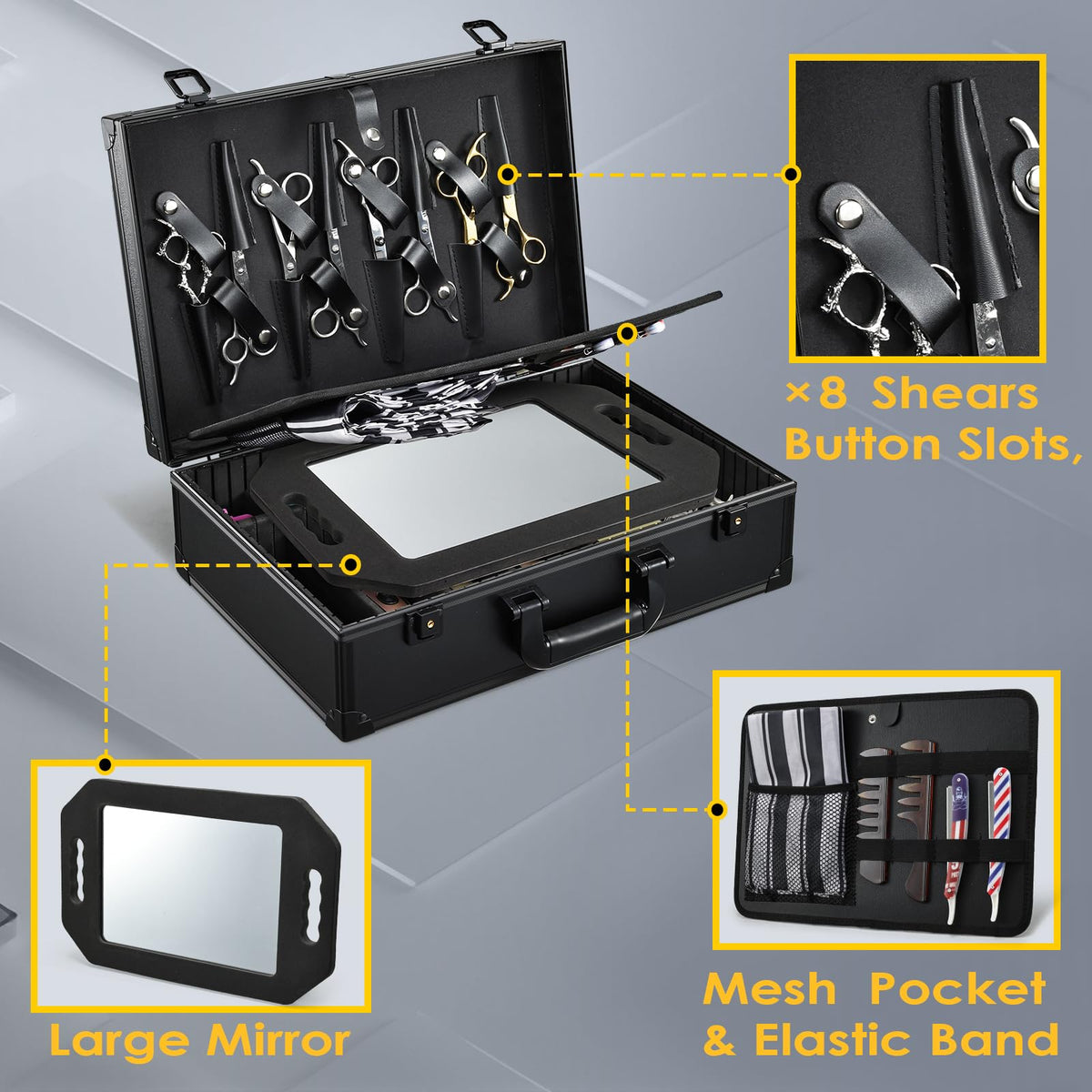 Yueieoun barber case detachable panel with net pocket for capes and accessories