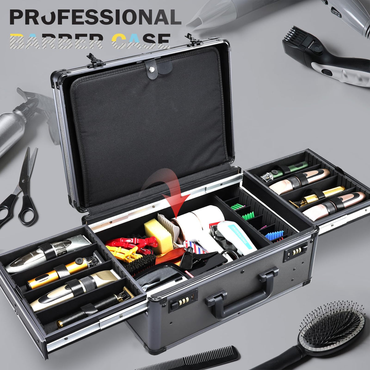 Yueieoun barber case in use at station keeps tools within reach.