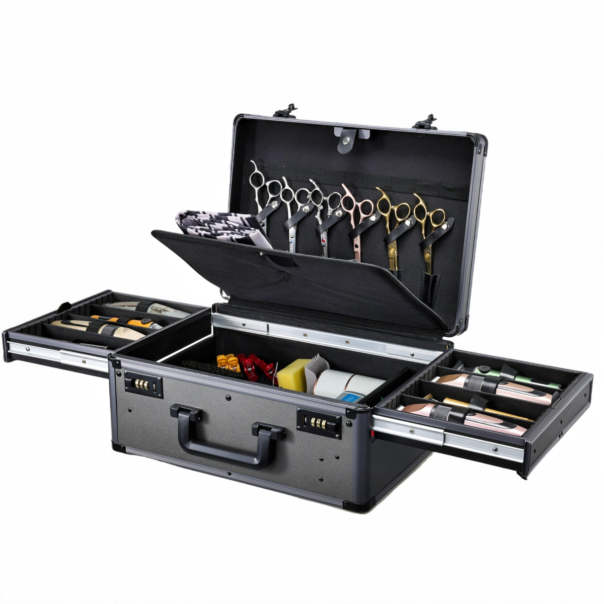 Yueieoun barber case with sliding tray open showing 8 clipper slots for quick access.