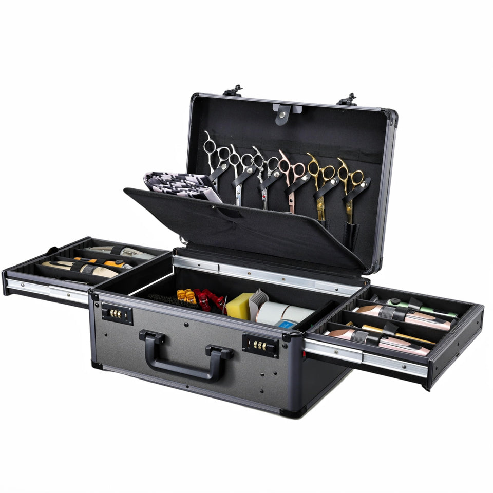 Yueieoun barber case with sliding tray open showing 8 clipper slots for quick access.