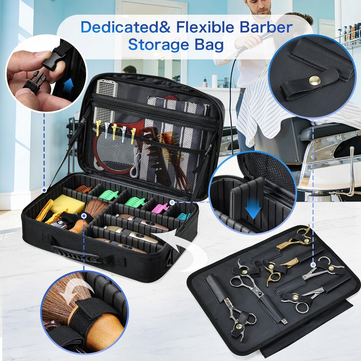 Yueieoun compact design with shoulder strap enables mobile barber setup.