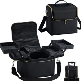 Yueieoun large travel makeup train case open inside showing organized compartments for cosmetics
