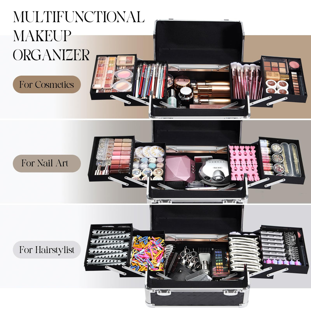 Yueieoun makeup cart on wheels with adjustable compartments for versatile setups