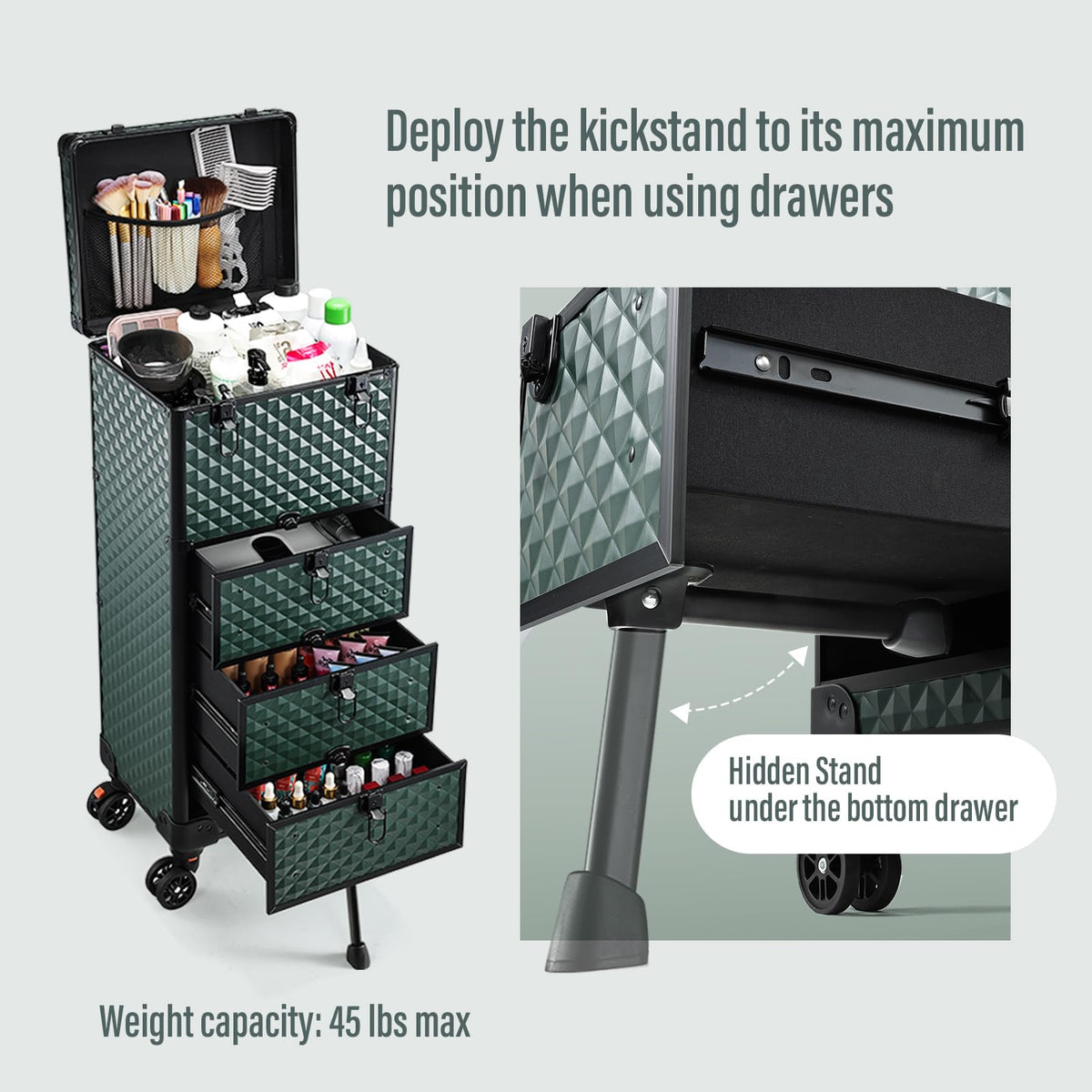 Lockable wheels on Yueieoun cart provide secure transport