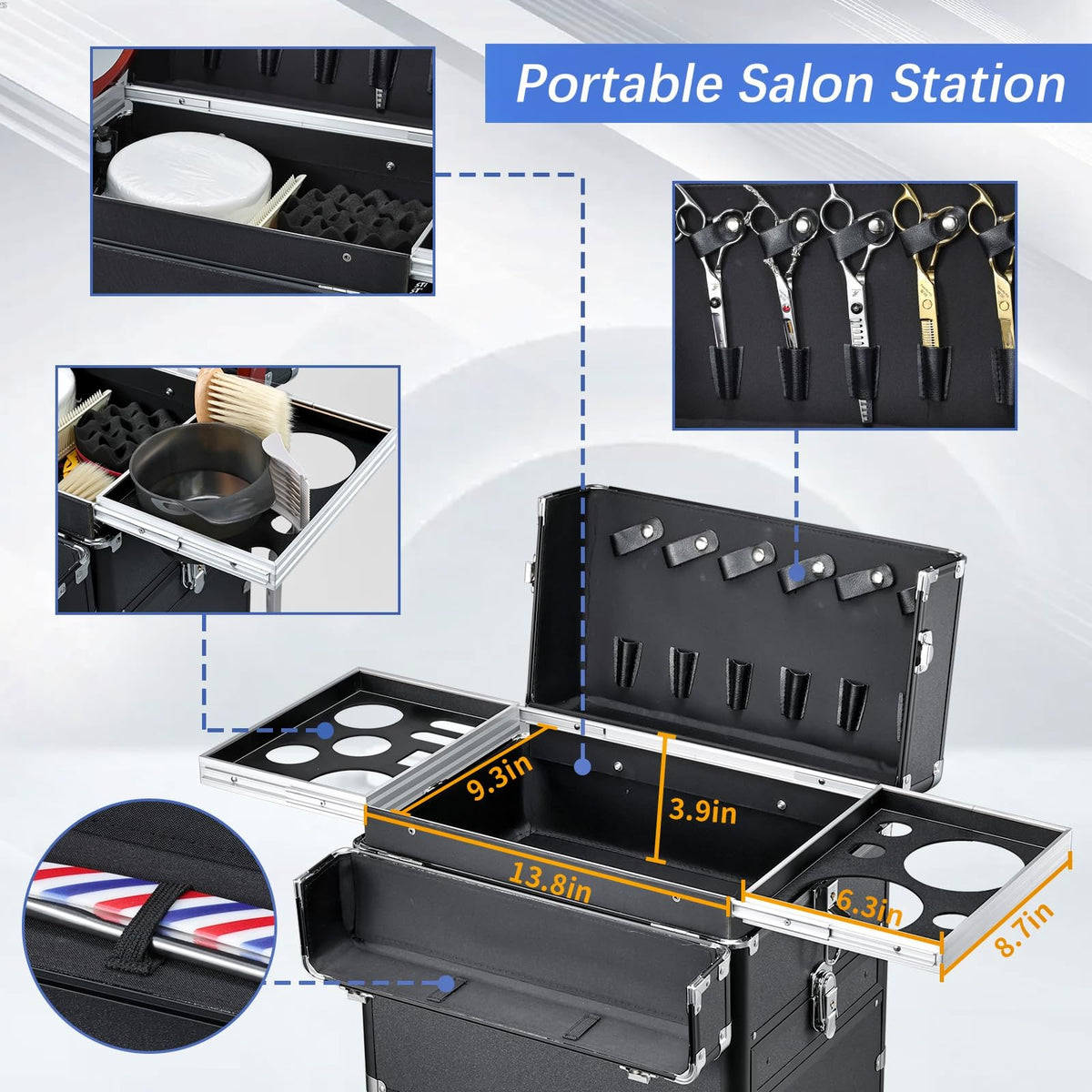 Yueieoun cart bottom drawer accommodates hair dryers for upright storage.