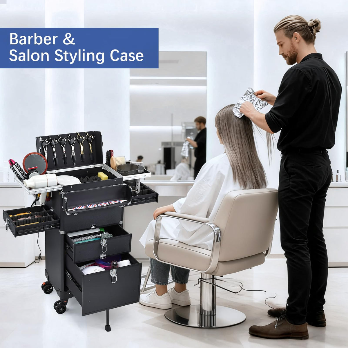 Yueieoun salon cart worktop tray extends for quick tool access during styling.
