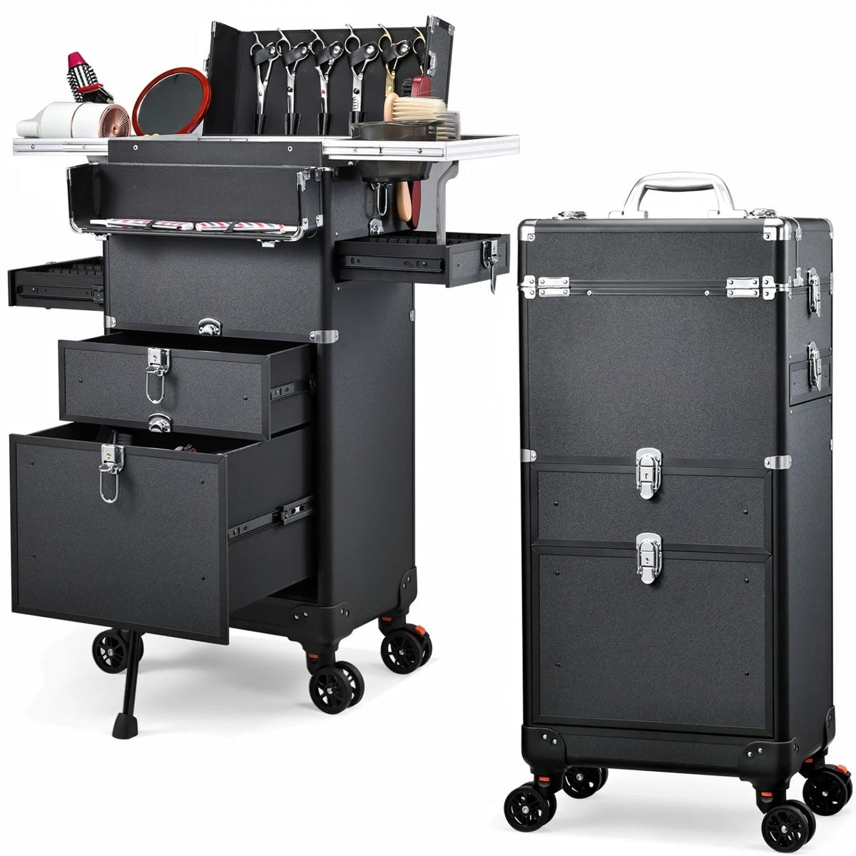 Yueieoun salon cart with four drawers keeps makeup supplies neatly organized for busy sessions.