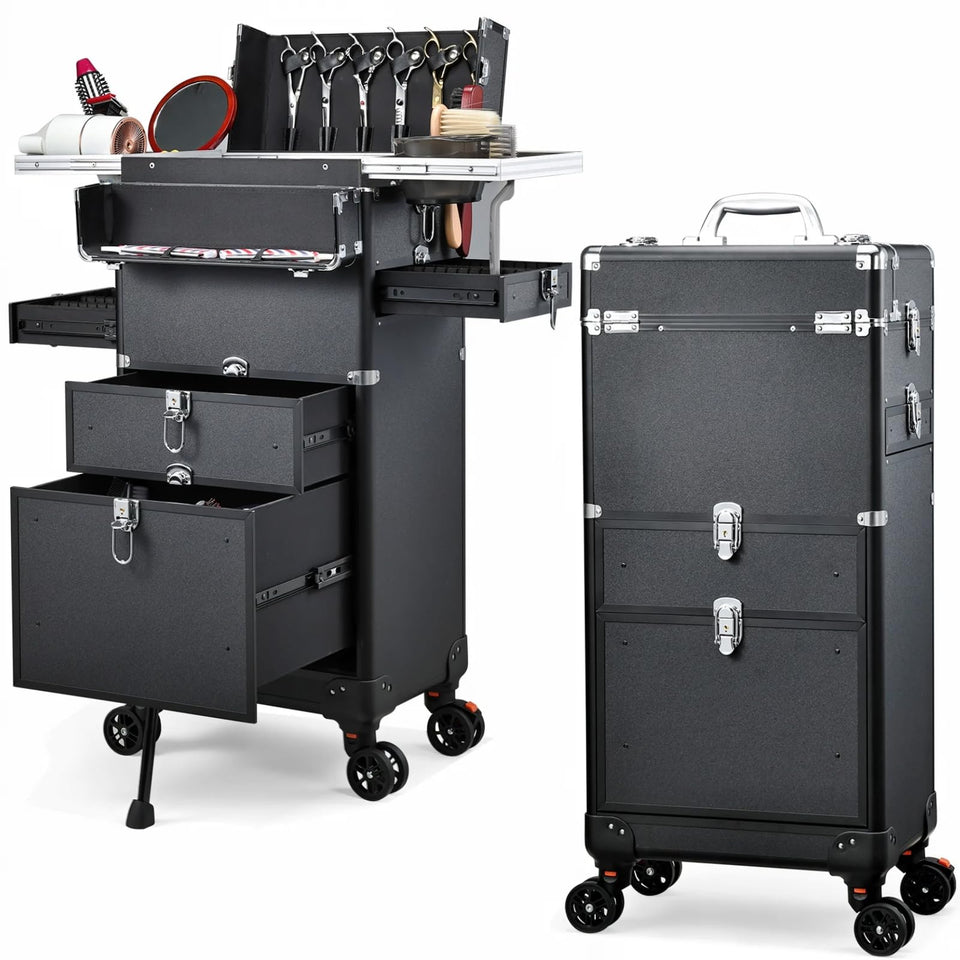 Yueieoun salon cart with four drawers keeps makeup supplies neatly organized for busy sessions.