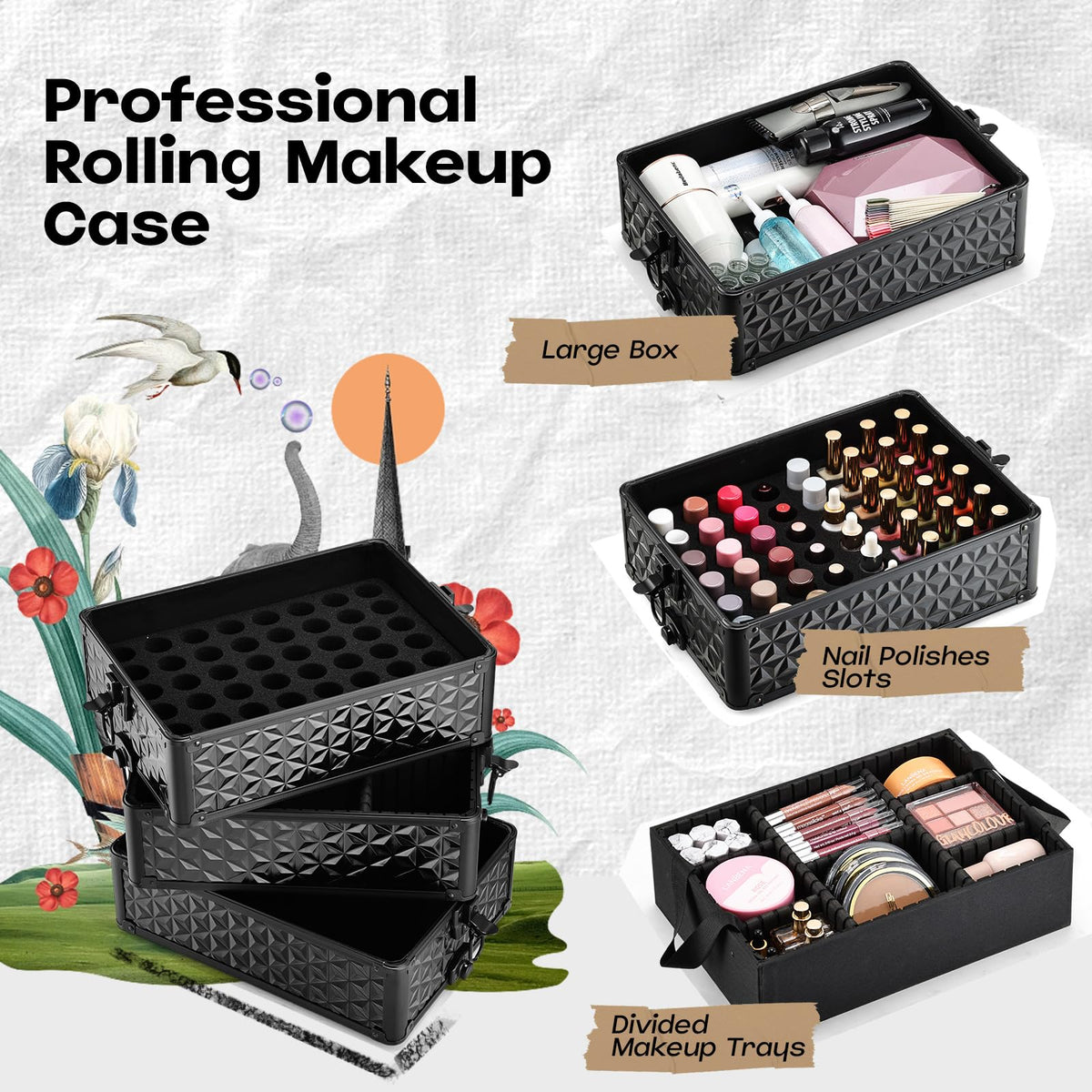 Yueieoun travel makeup case on wheels, ideal for mobile artists