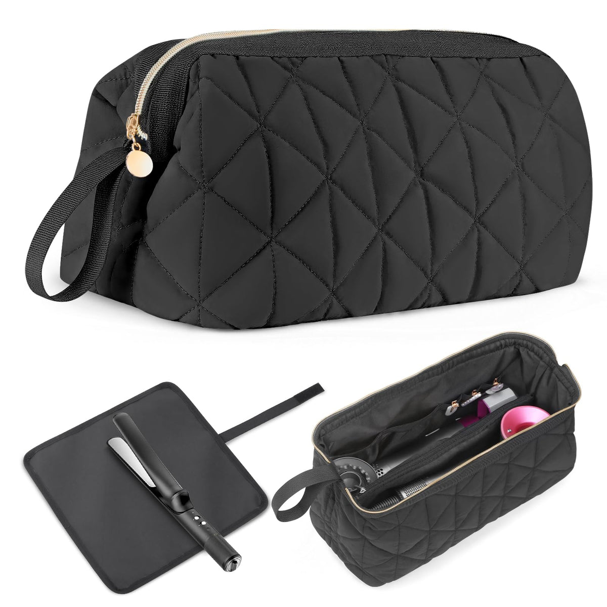 YUFIXO travel bag open showing organized interior for hot tools and accessories