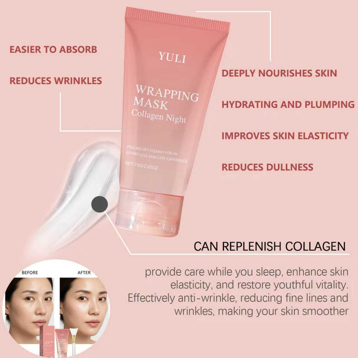 YULI collagen mask close-up shows smooth texture for easy absorption