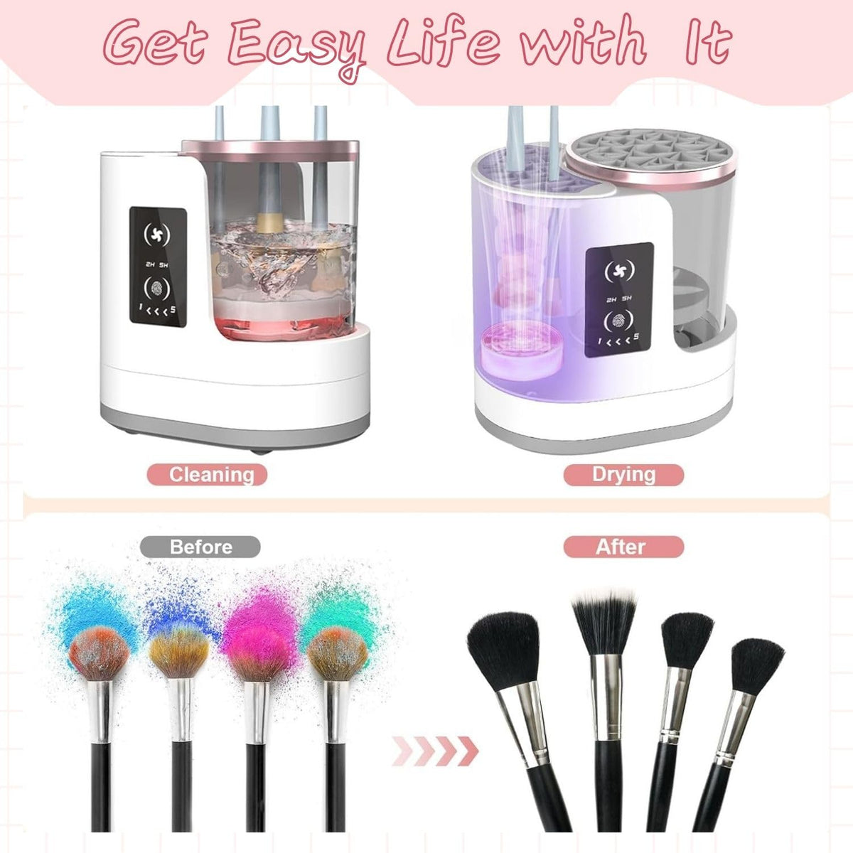Yuliana 3-in-1 brush cleaner during operation with powerful drying and sanitizing features.