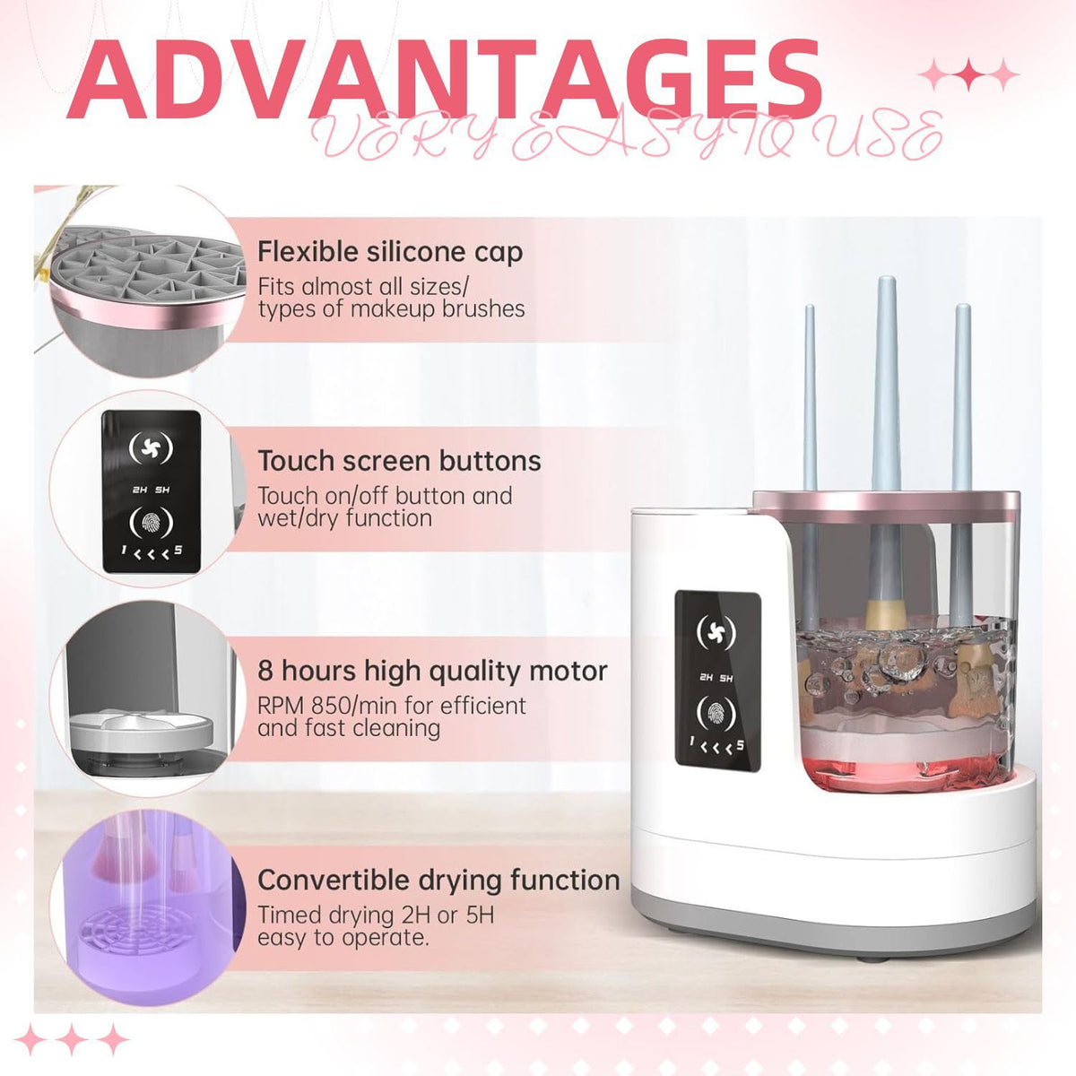 Yuliana fast-drying function demonstrated, saving time in busy makeup routines.