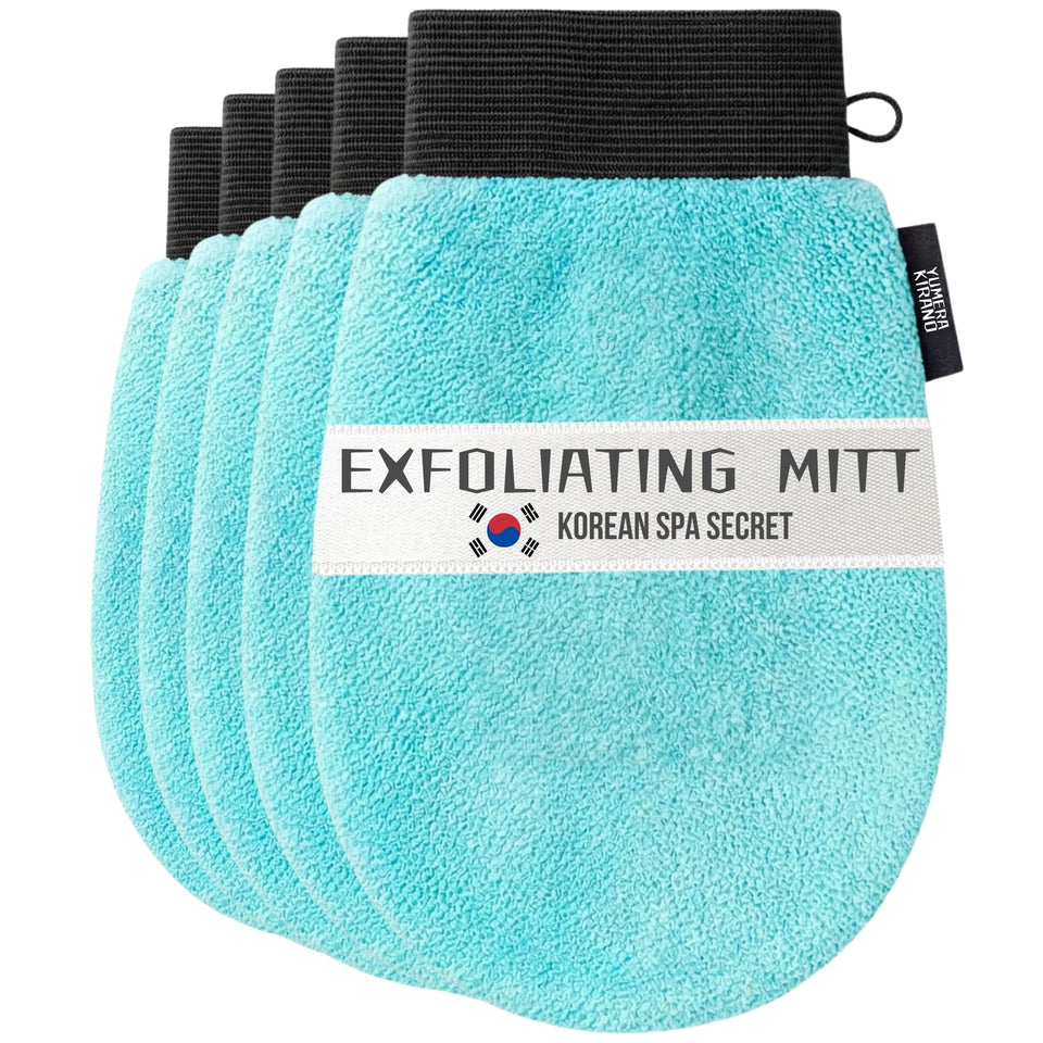 Yumera Kirano face exfoliating glove, soft side for gentle facial exfoliation.