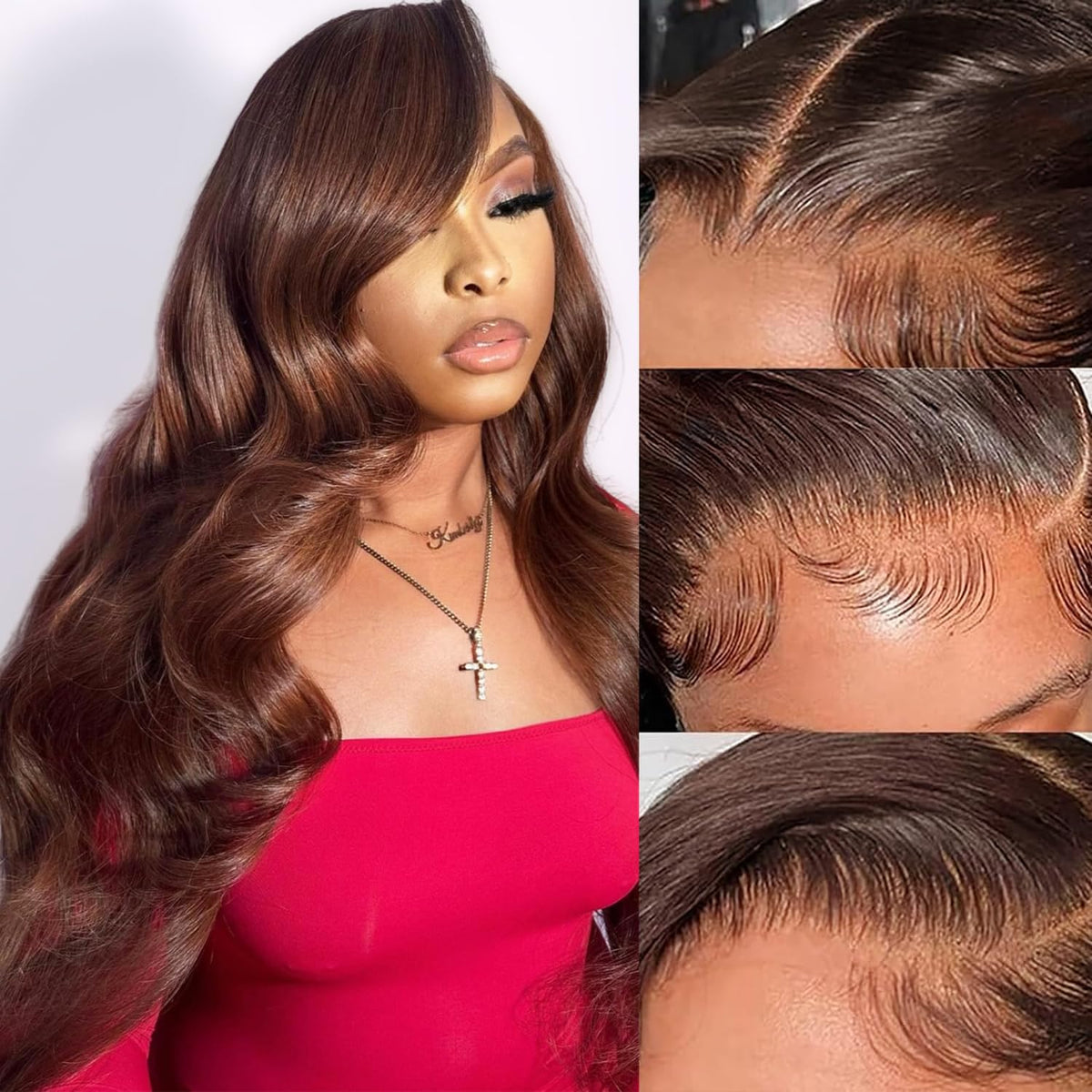 Yumkot 13x6 chocolate brown lace front wig top view shows natural part and full coverage.