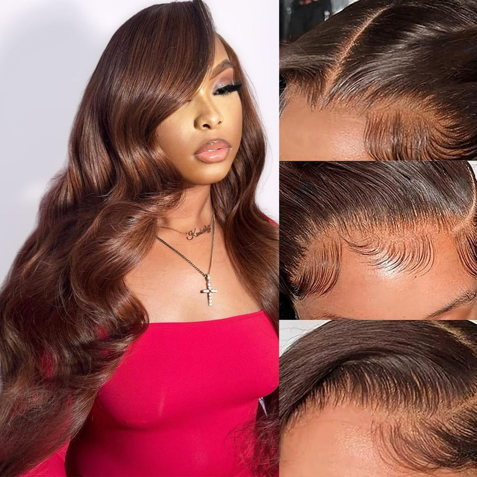 Yumkot 13x6 chocolate brown lace front wig top view shows natural part and full coverage.