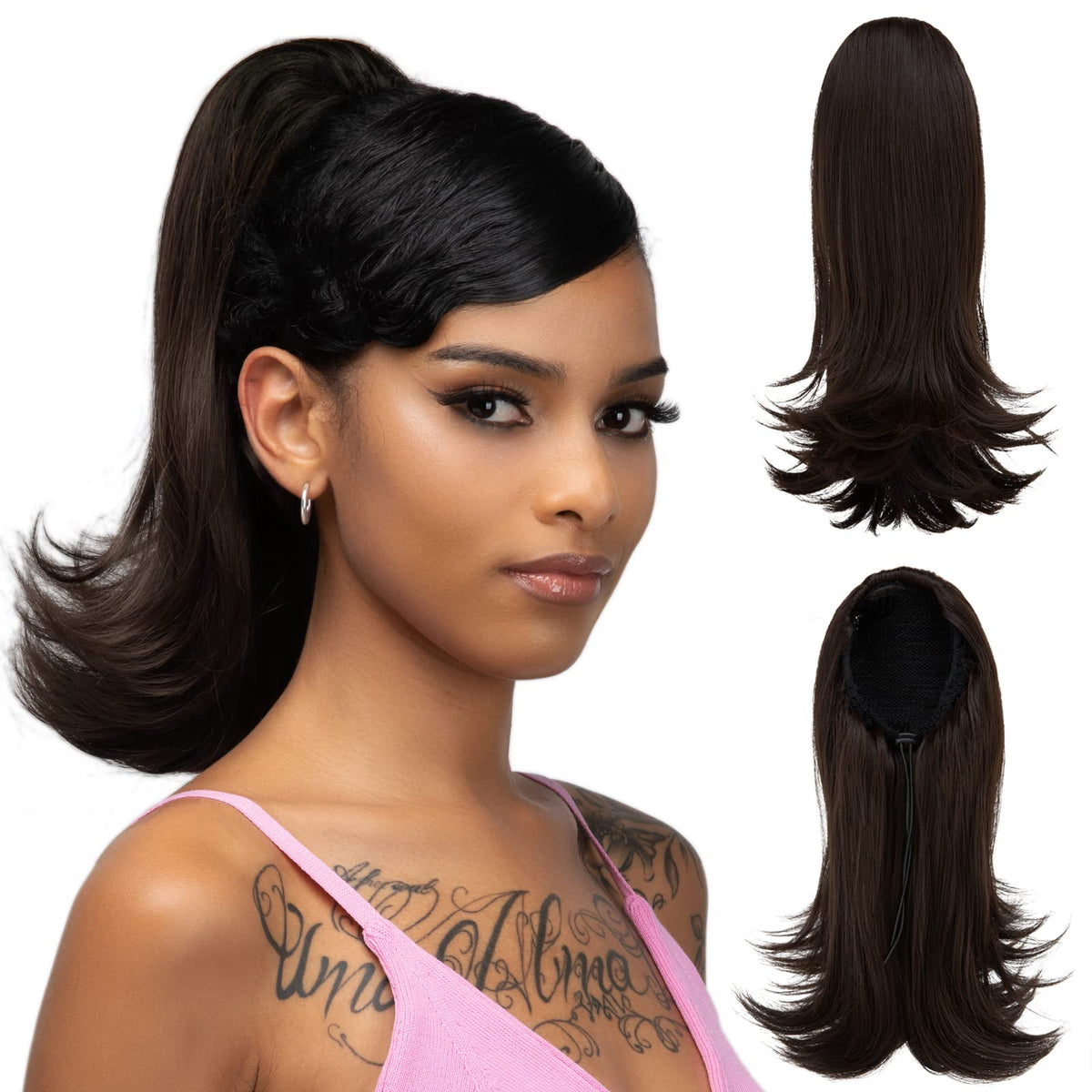 YUMOREAL short drawstring ponytail 14in straight with end curls, lightweight and natural-looking