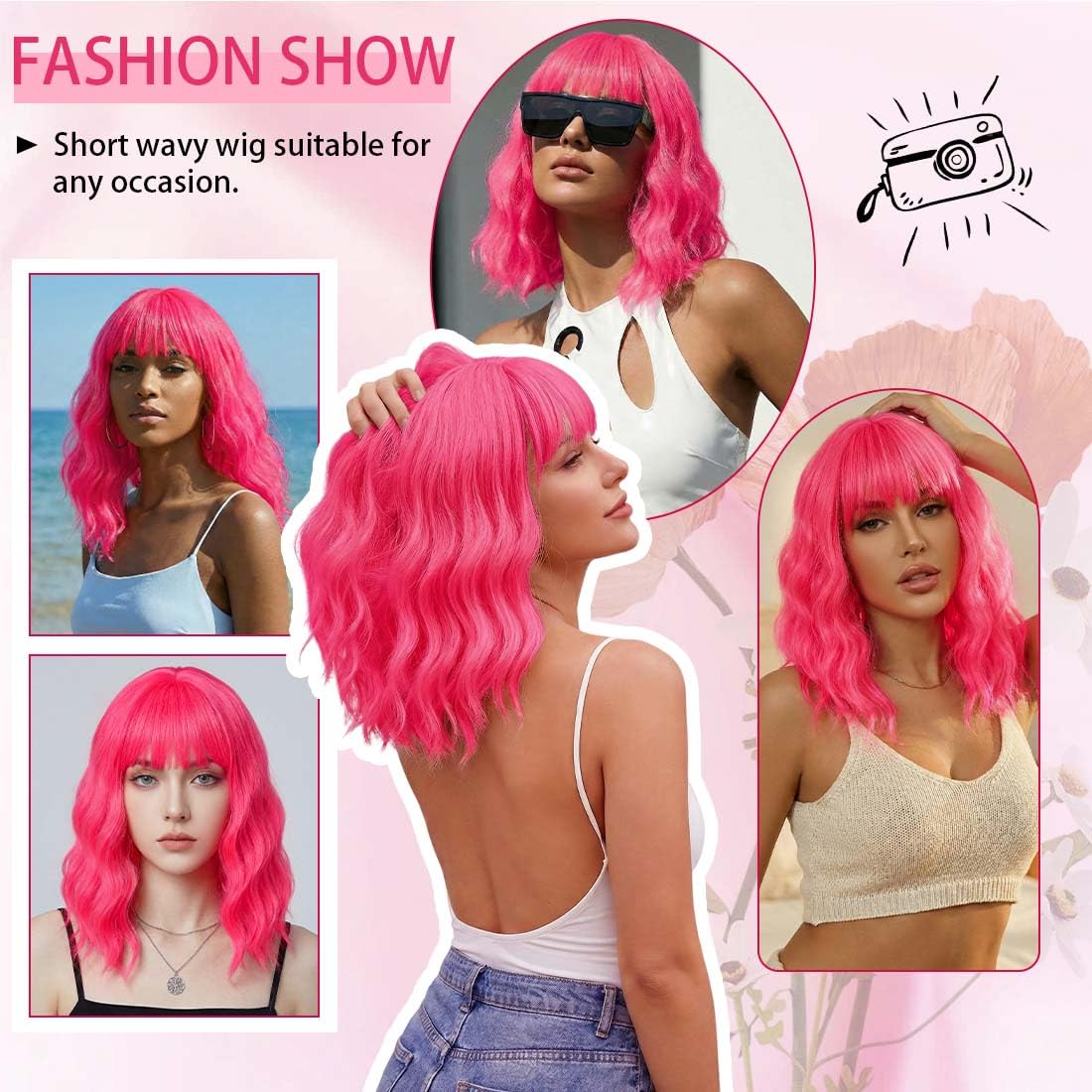 yumtaro pastel hot pink wavy bob wig side view shows layered texture for daily wear