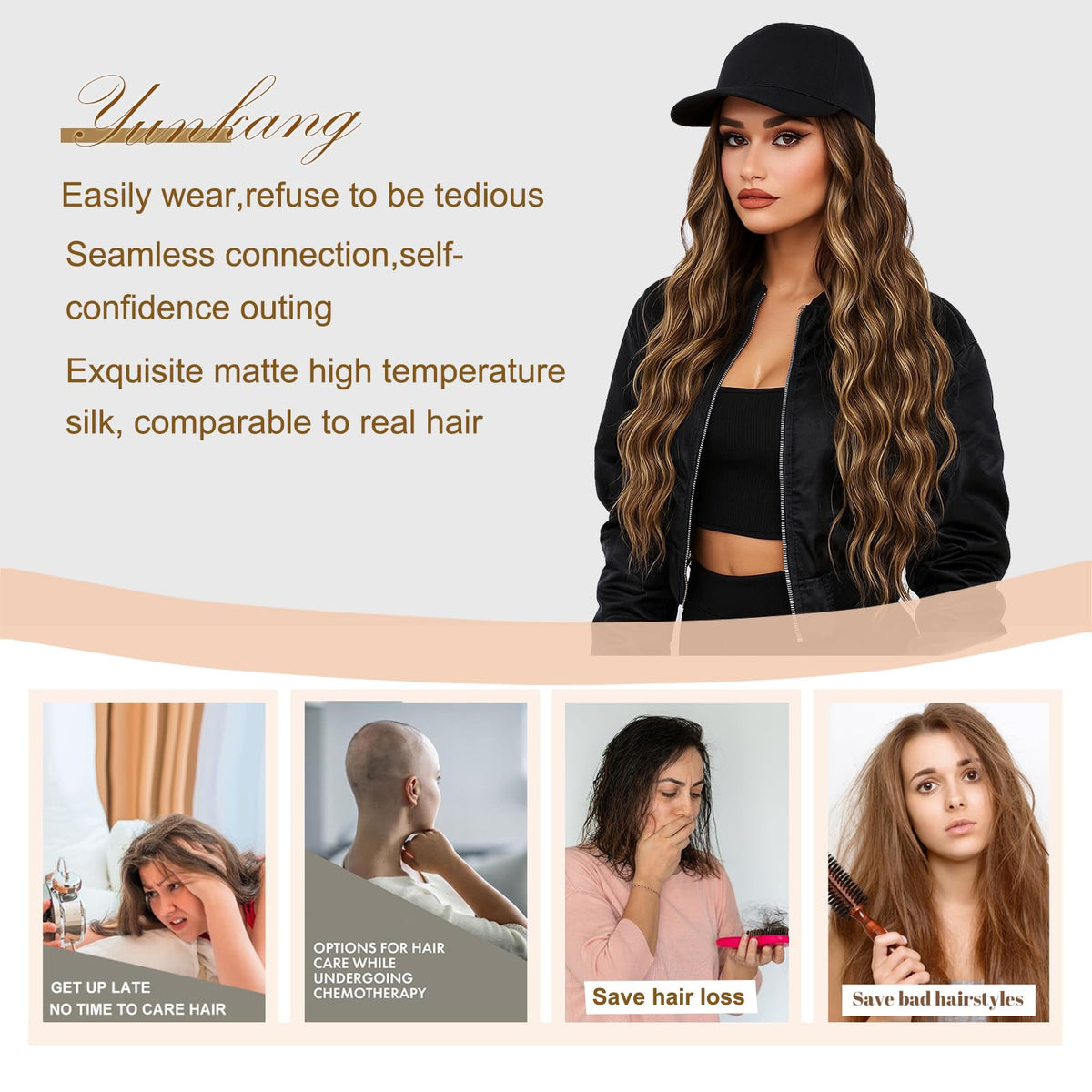 Comfortable fit across activities with stretchable adjustability in the Yunkang cap wig.