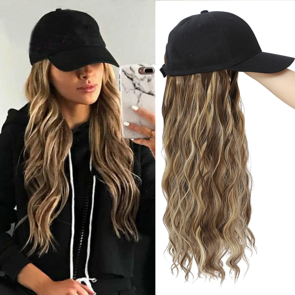 Yunkang baseball cap wig with long natural-wavy hair for easy styling.