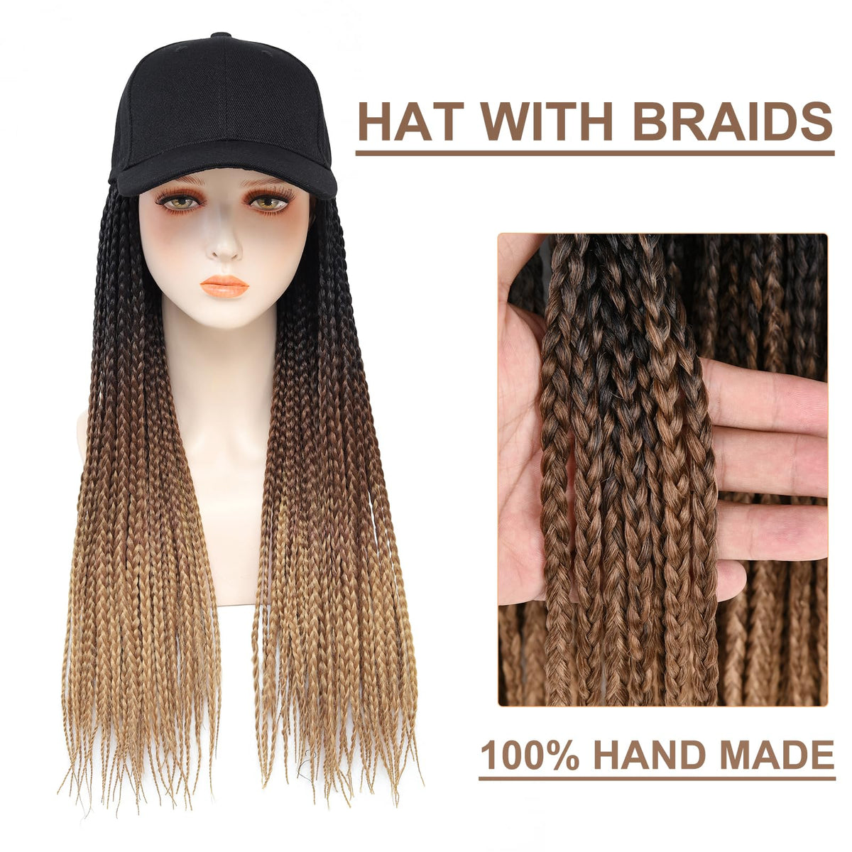 Yunkang hat wig shows 3X full braids for a fuller look.