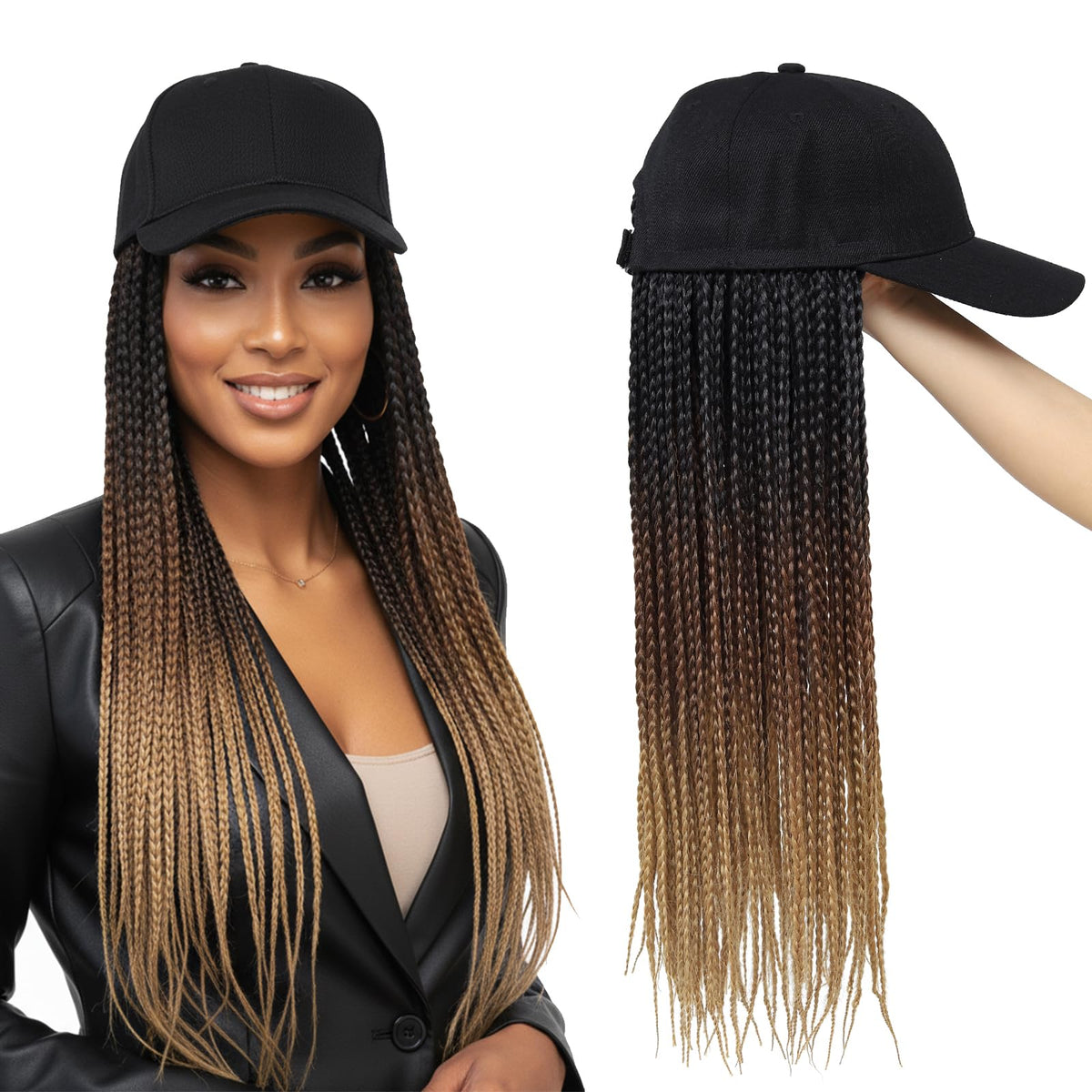 Yunkang hat wig with ombre box braids for easy daily wear in a baseball cap.
