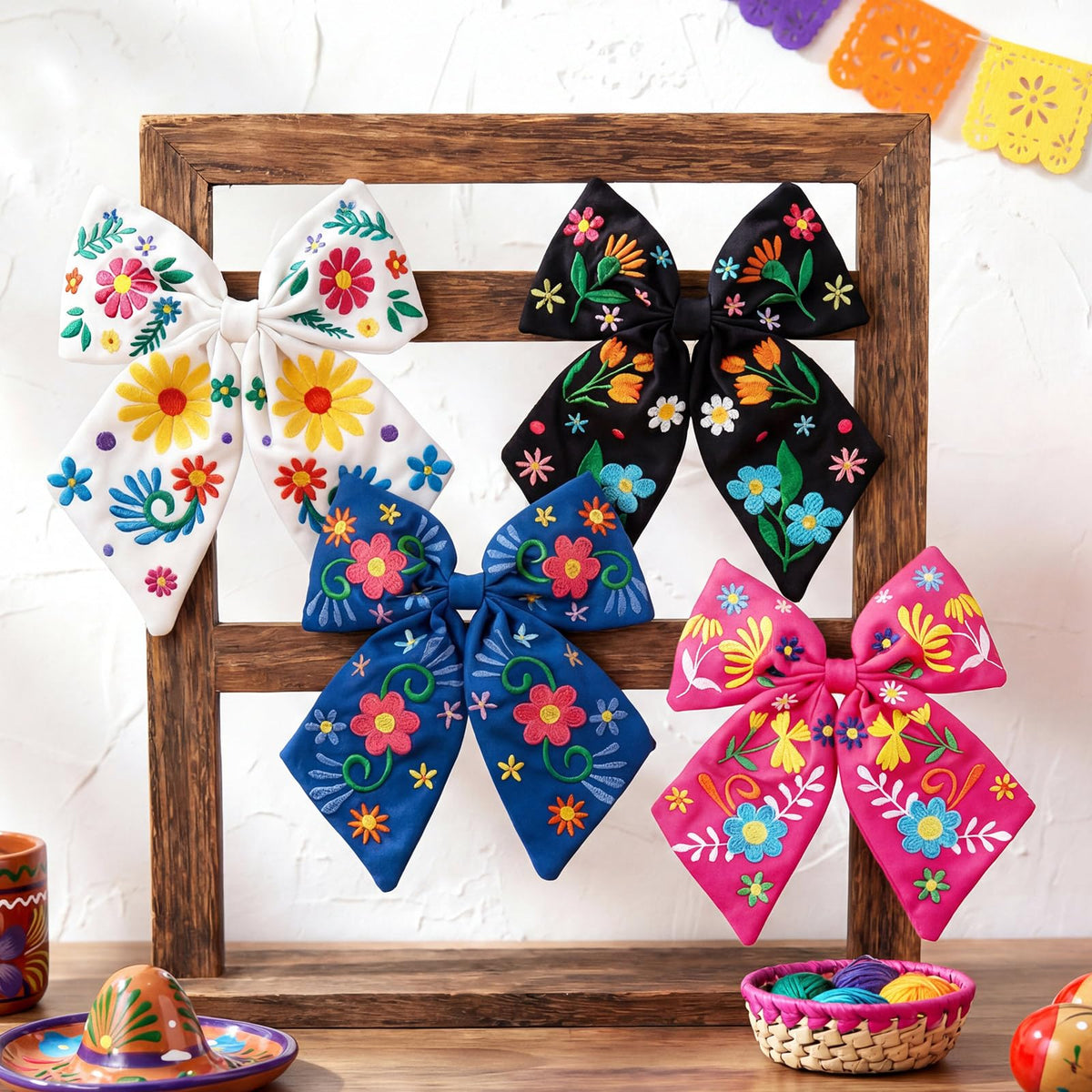 Yunlly flower bows with Mexican embroidery add festive flair to any hairstyle.