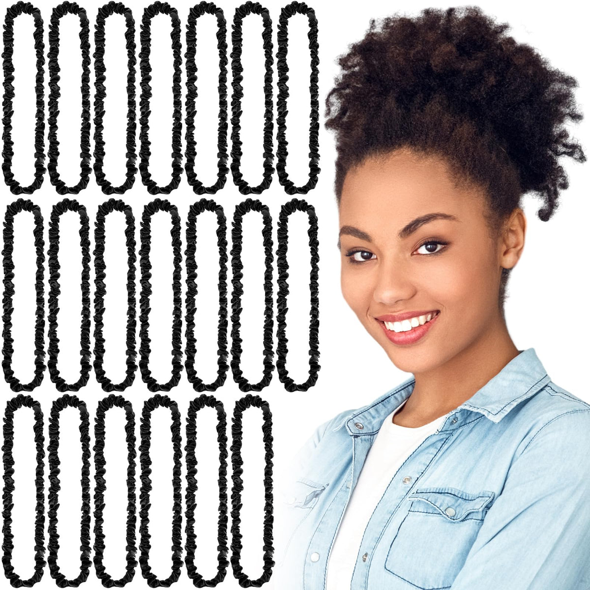 Yunlly extra-long satin scrunchies in black provide secure, gentle hold for thick hair.