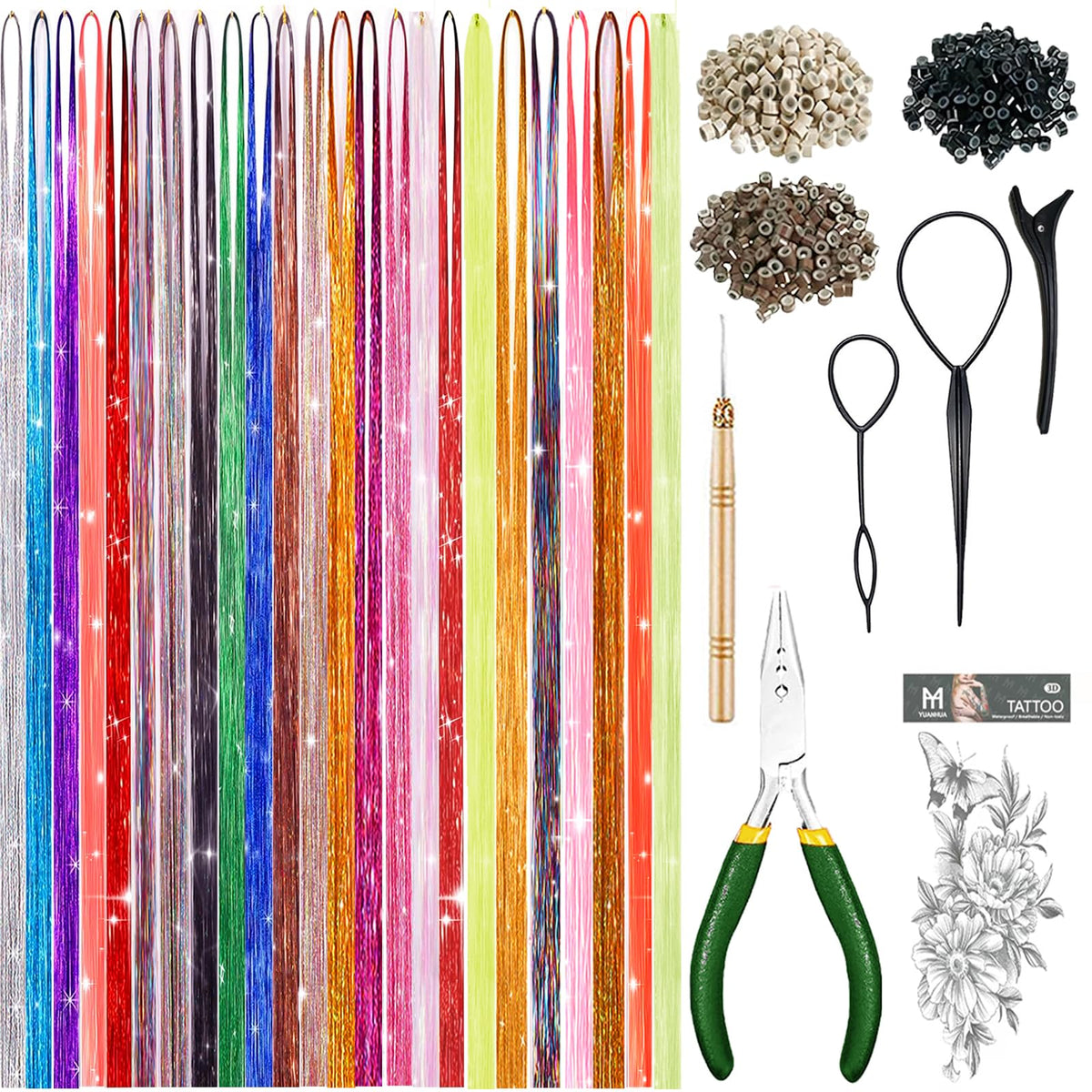 YUUYEE Hair Tinsel Kit showcases 8000 strands in 24 colors for sparkling color depth.