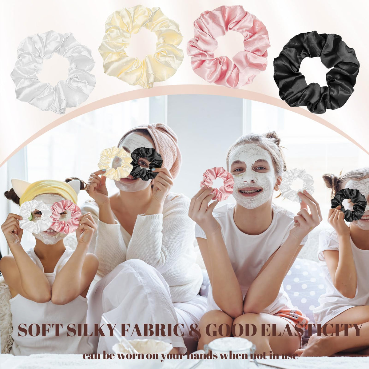 Yuxung satin scrunchie worn as wrist jewelry and hair tie