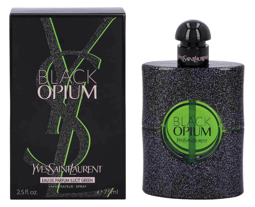 YSL Black Opium Illicit Green bottle front view, bold presence for evening wear