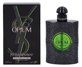 YSL Black Opium Illicit Green bottle front view, bold presence for evening wear