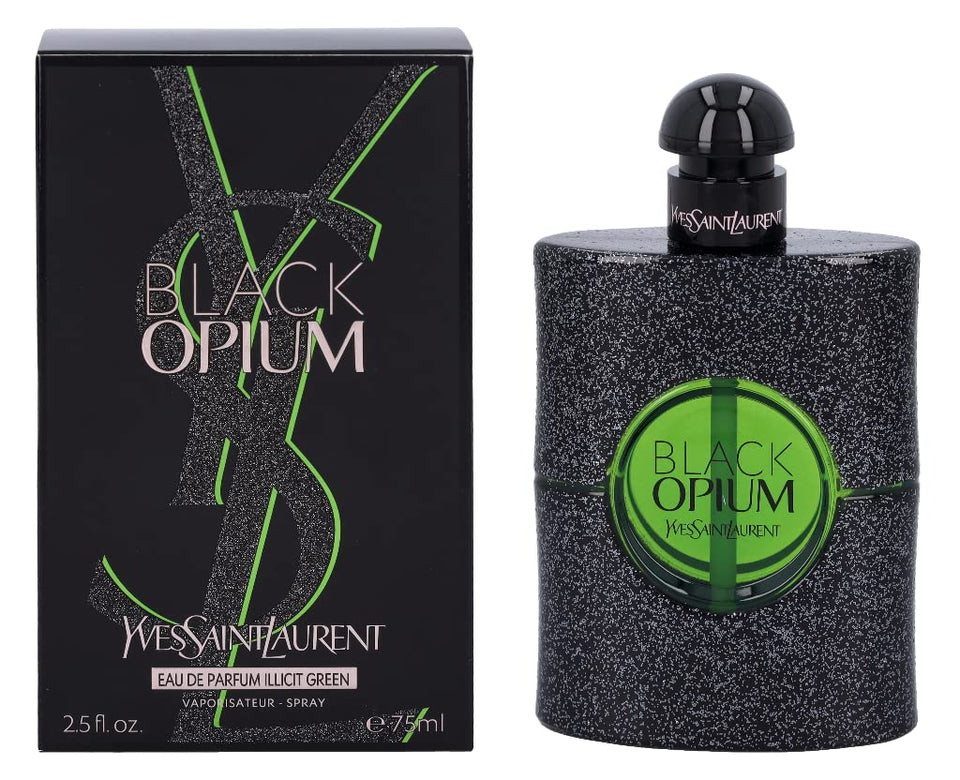 YSL Black Opium Illicit Green bottle front view, bold presence for evening wear