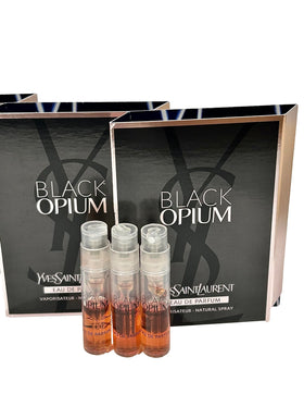 YSL Black Opium sample packaging display for travel testing.