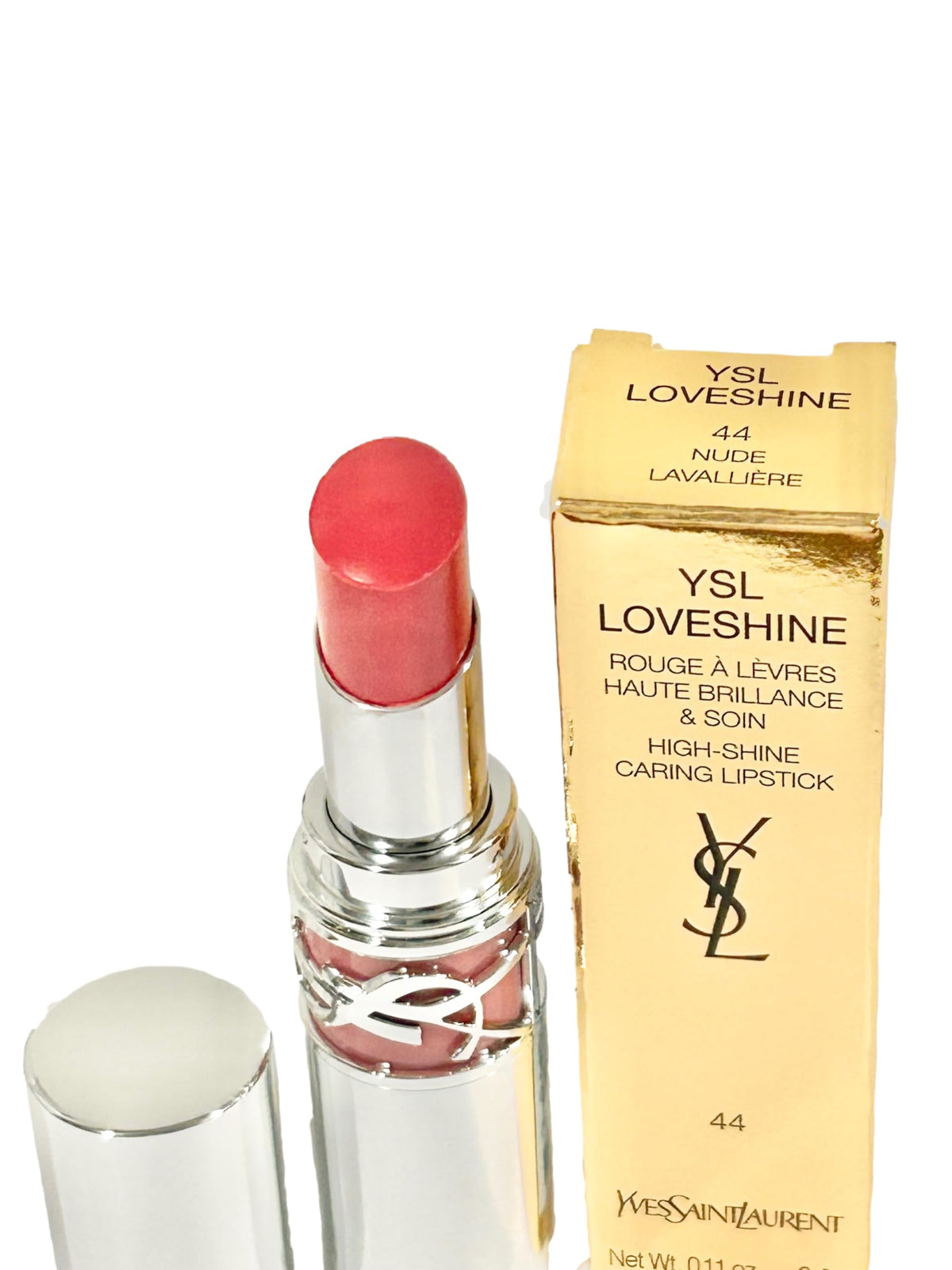 Nude Lavalliere swatch showing luminous oil-on-lip color from YSL LOVESHINE.