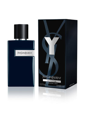 Midnight blue Y Le Parfum packaging with silver Y emblem and FSC-certified box