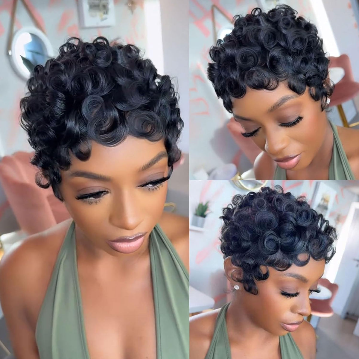 Yviann Pixie Cut Wig 1B front view shows smooth virgin hair for daily wear.