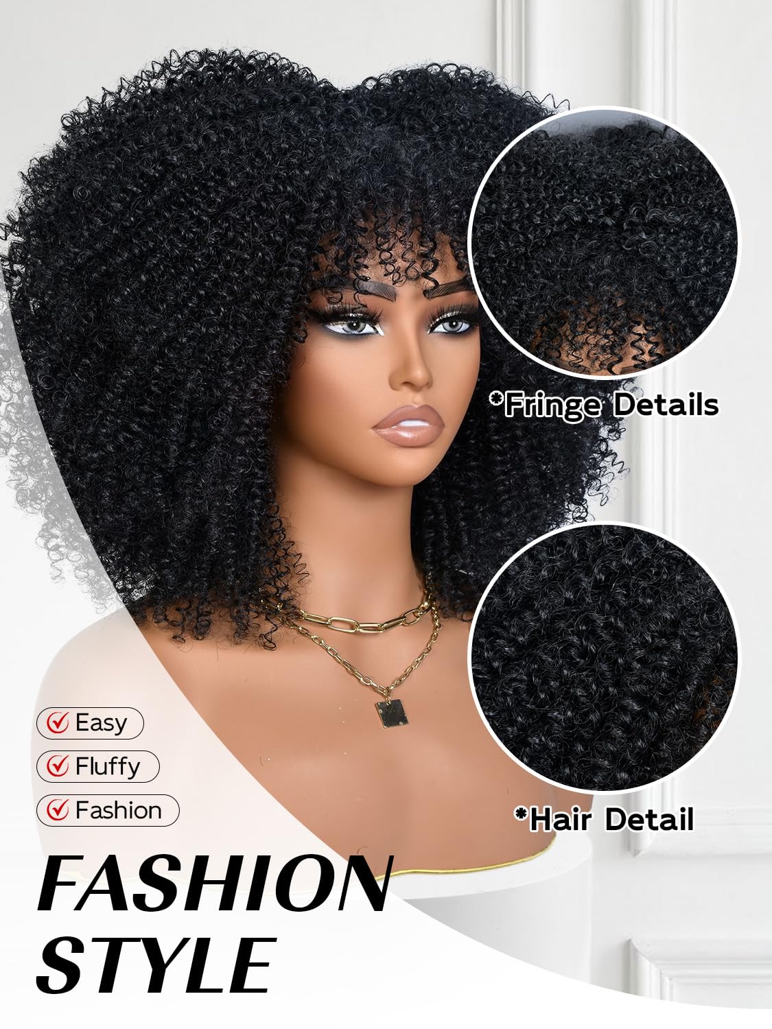 YWAYS HAIR Afro Curly Wig with Bangs close-up curls emphasize soft texture and easy maintenance.