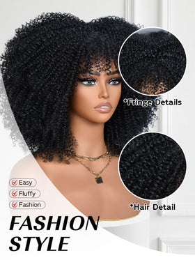 YWAYS HAIR Afro Curly Wig with Bangs close-up curls emphasize soft texture and easy maintenance.