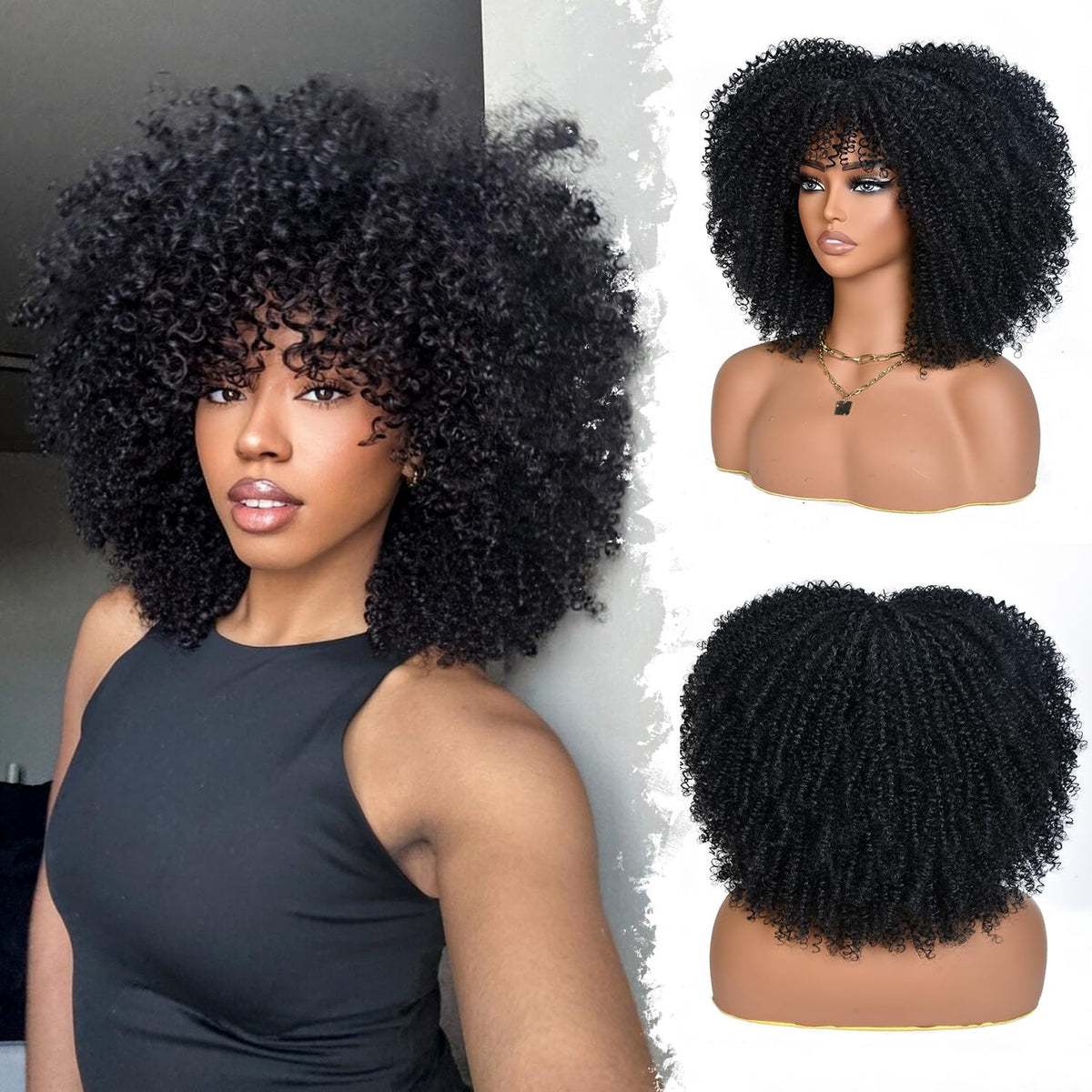 YWAYS HAIR Afro Curly Wig with Bangs front view shows natural curls for daily styling.