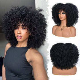 YWAYS HAIR Afro Curly Wig with Bangs front view shows natural curls for daily styling.