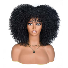 YWAYS HAIR Afro Curly Wig with Bangs side view highlights length for versatile looks.