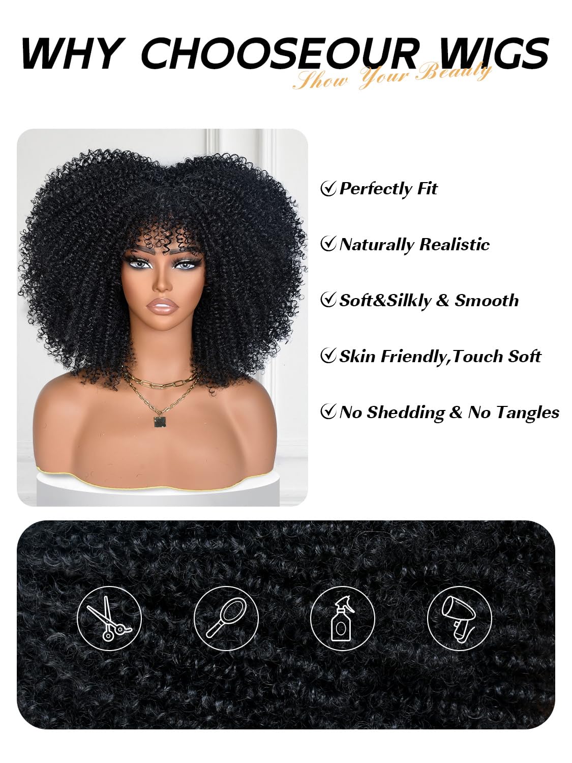 YWAYS HAIR Afro Curly Wig care-stand scene demonstrating proper storage.