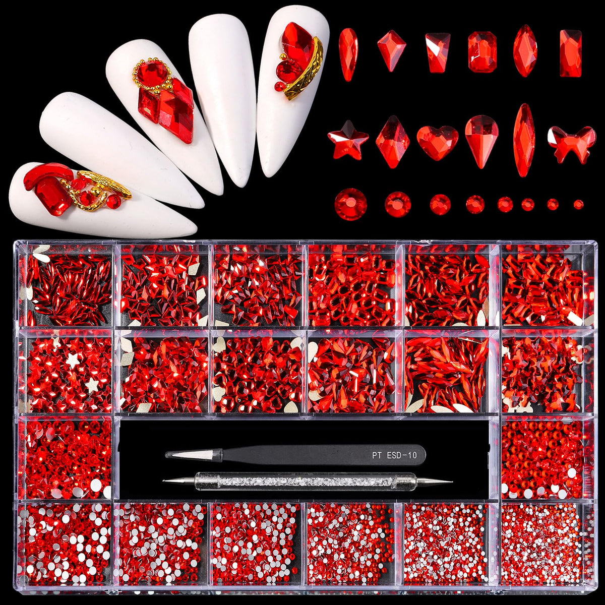 Yzzseven red diamonds set with 12 types for versatile nail designs.