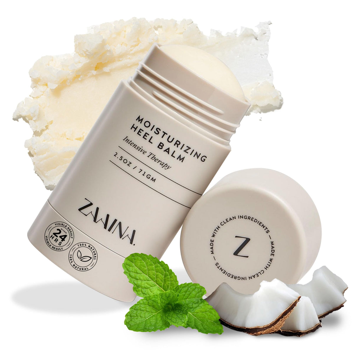 ZAAINA Intensive Heel Balm Stick tube showing moisture-rich hydration for dry heels.