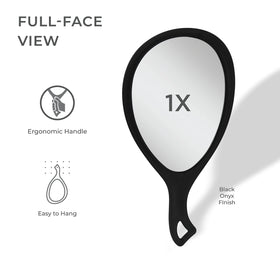 Zadro ergonomic curved-handle mirror provides comfortable grip during routines.