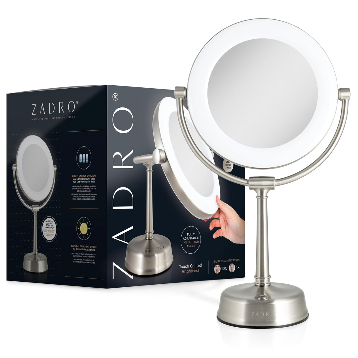 Zadro Lexington 12-inch wide mirror in satin nickel angled for versatile vanity setups.